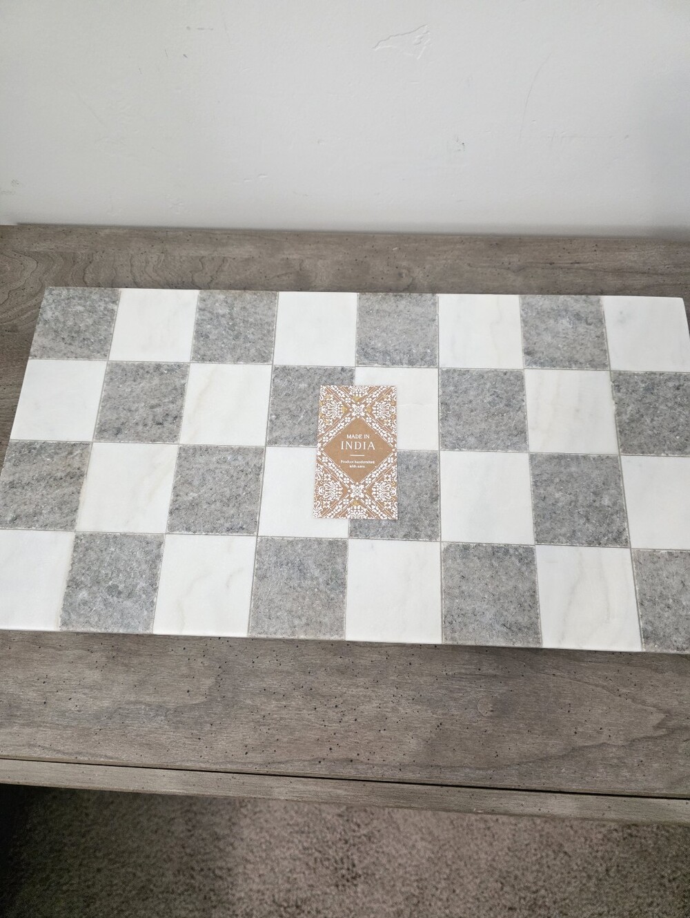 Viral India Checkered Gray and White Marble Tray Board Riser Measures 17in x 9in
